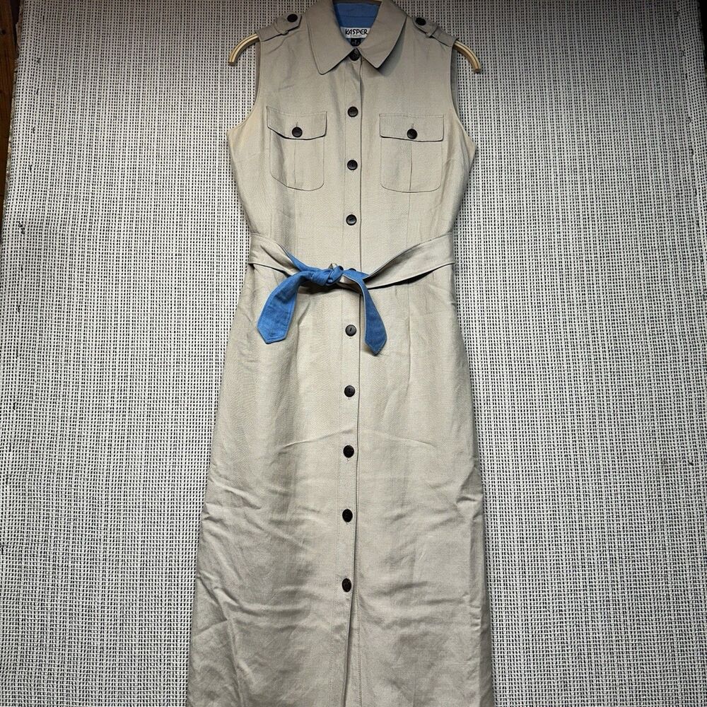 Kasper Linen Rayon Safari Shirt Dress 8 Beige Belted Utility Sleeveless Maxi
